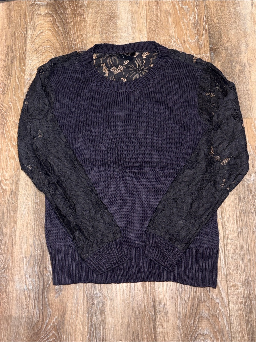 Navy  Lace Sleeve Knit Sweater - Classic Women's Pullover